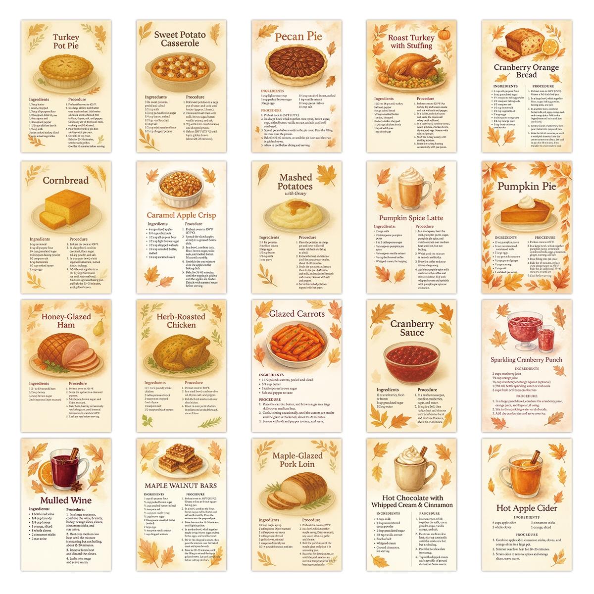20 Holiday Recipe Cards, Fall Harvest Thanksgiving Recipes, Complete Ingredients and Steps Guide, Beginner Baking Reference, Kitchen Wall Decor, Gift for Bakers
