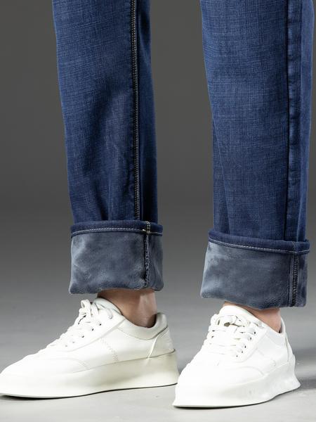 Men's Fleece Lined Denim Jeans, Loose Straight Leg Long Pants, Warm Cotton Elastic Business Style, Fall Winter Fashion