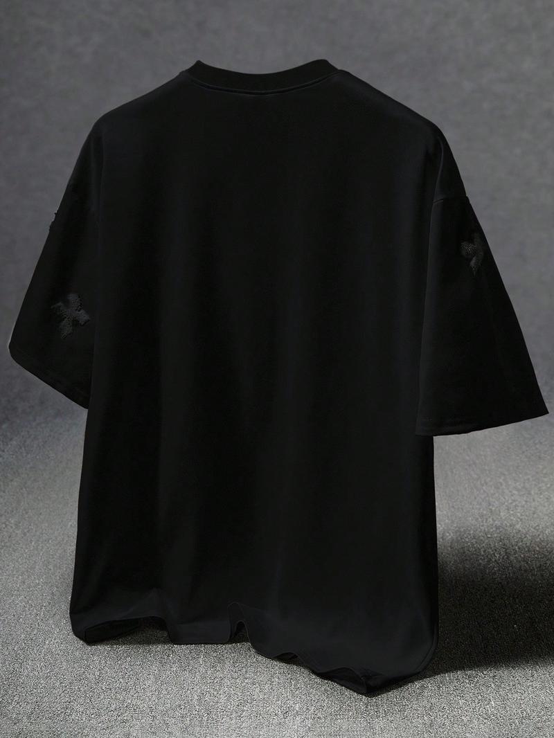 Men's Cross Stitch Embroidered Solid Color Round Neck T-Shirt, Casual Fit Streetwear, Casual Fitted Long Sleeve Top for All Seasons, Sporty College Style