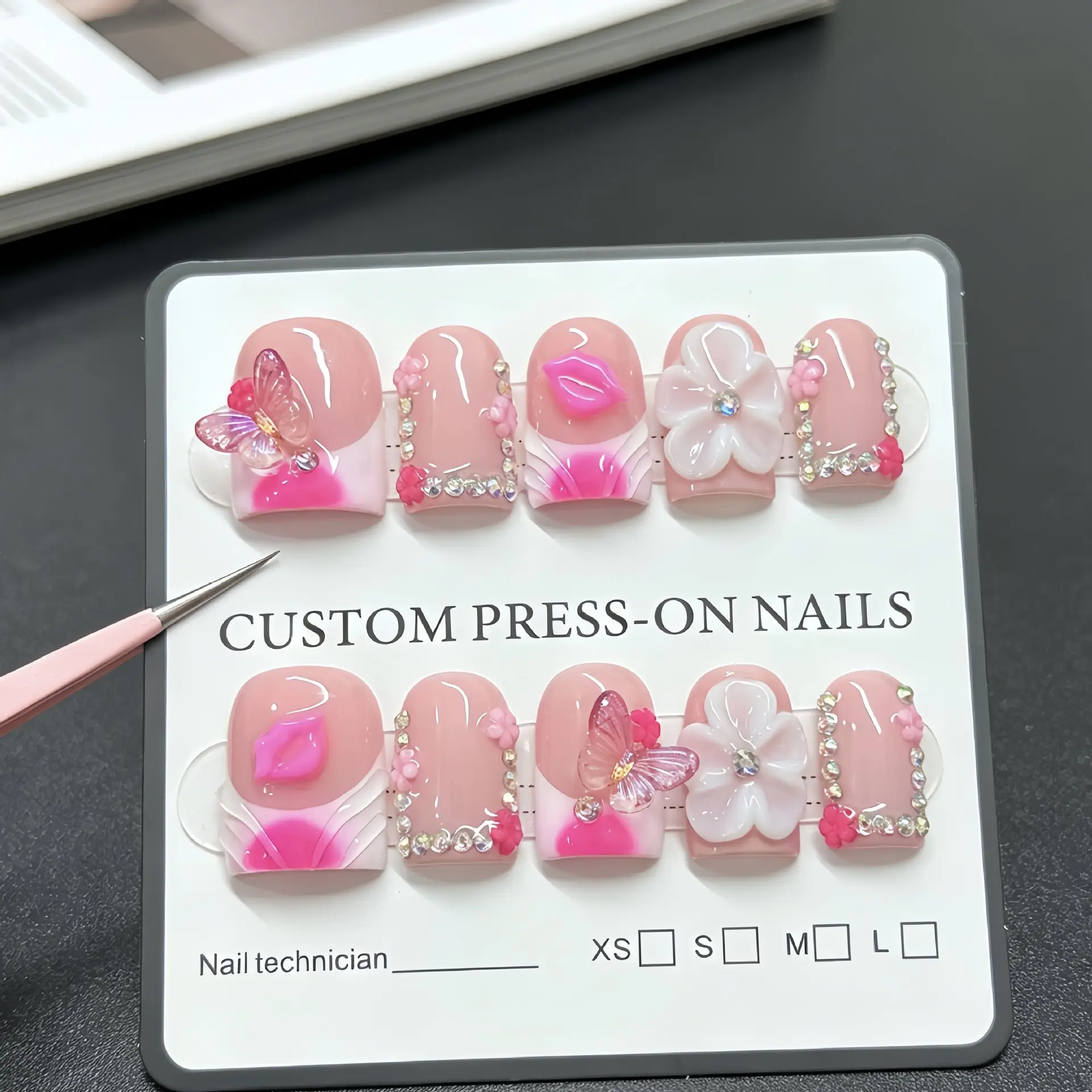 Atelier Handmade Sweet Coquette Short Square Press On Nails 3D Butterfly Lips Flower Rhinestone Charms Nude Pink Ombre French Tip Glossy Y2K Kawaii Reusable False Nails For Girls Night Date Daily Party