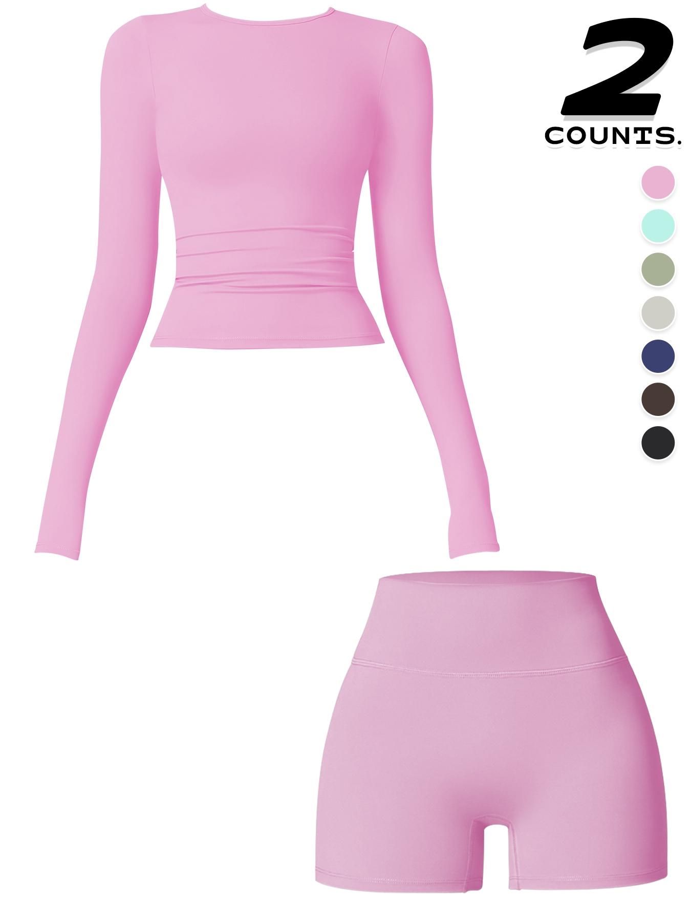 Women's Sporty Long Sleeve Top & Shorts Set, High Waist Tight-Fit Above Knee Activewear, Sweat-Wicking Quick-Dry Fabric for All Seasons, Solid Sports Sets, Gym Clothes Workout