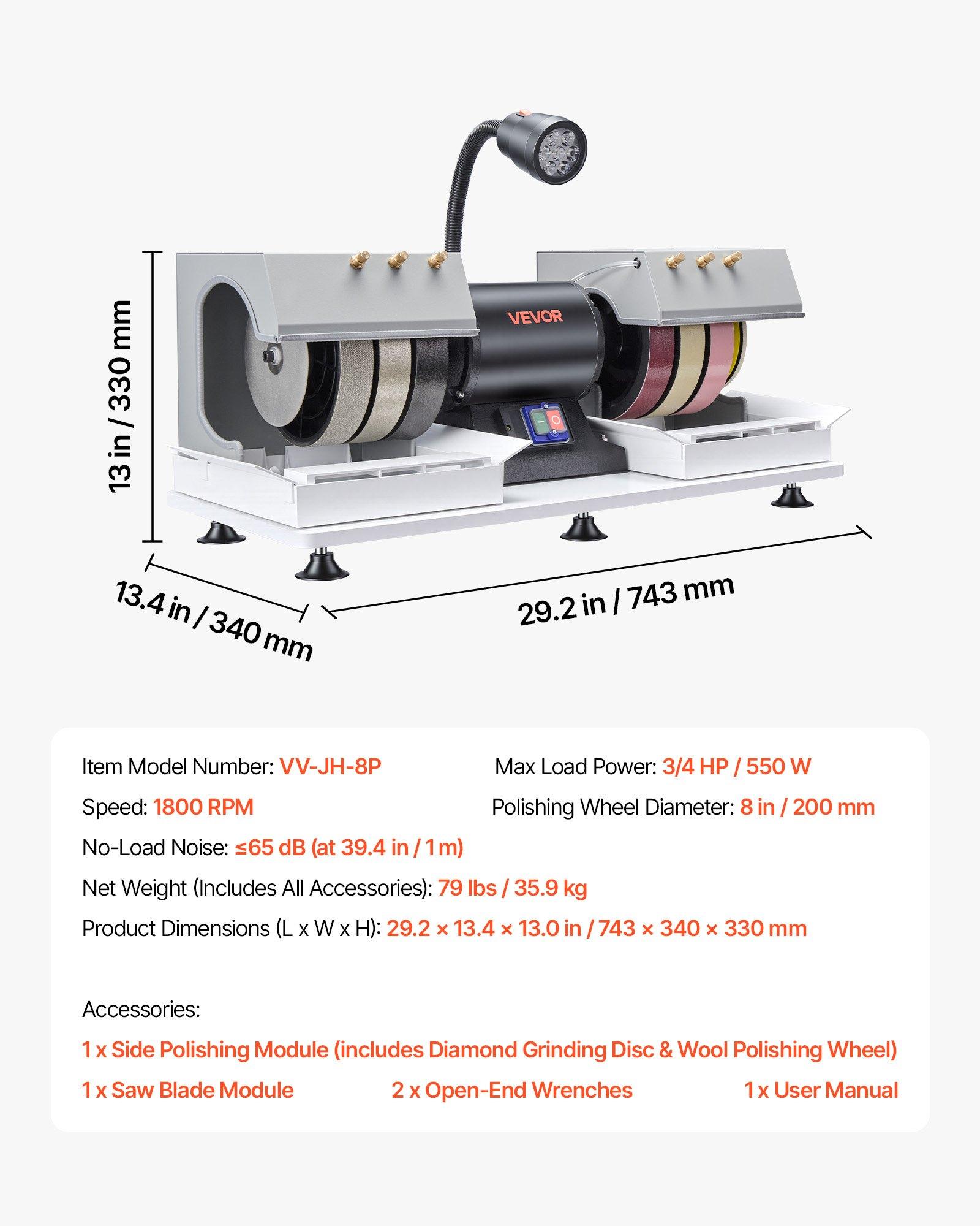 【Summerfinds】VEVOR 8 in VV-JH-8P Cabbing Machine, 3/4 HP (550 W) 1800 RPM Lapidary Rock Grinder Polisher with Diamond Wheels, Resin Wheels, LED Lamp, Water System, Splash Guard, 79 lbs, 29.2x13.4x13.0 in Lapidary Equipment for Gemstone Work, 29.2X 13.4X 1