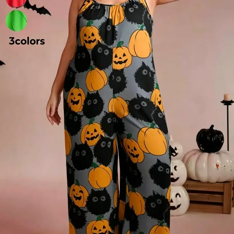 Women's Loose Oversized Sleeveless Wide-Leg Baggy Jumpsuit, Halloween Theme Pumpkin and Cat Print, Perfect for Festive Occasions, Palazzo Jumpsuits