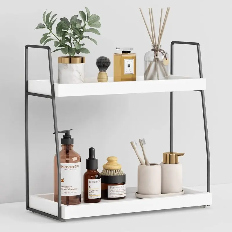 2-Tier Bathroom Countertop Organizer, Wood and Metal Vanity Shelf for Makeup, Skincare, Perfume, Toiletries, Coffee Bar and Kitchen Counter