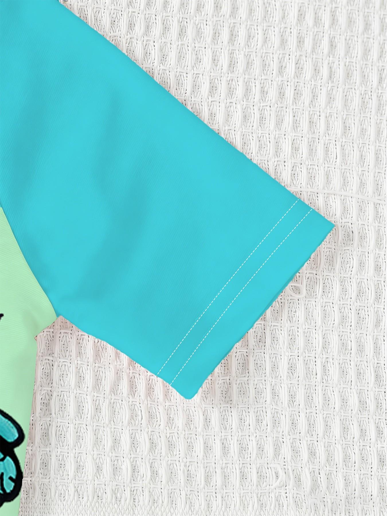 Boys' one-piece swimsuit "Ninja Turtles Breakthrough Screen Edition" features full vintage Ninja Turtles breakthrough screen print and raglan lake-blue sleeves. It is trendy, cool and sun-protective, eye-catching for summer water play and beach vacations.