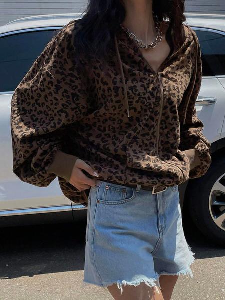 Women's Leopard Print Hooded Zipper Jacket, Casual Slim-Fit Fall & Winter Coat, Drawstring Design, Thick Kint Fabric