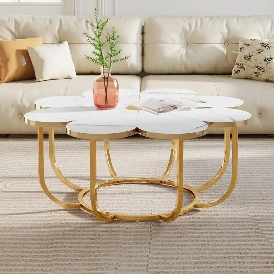 Sturdy Modern Flower-Shaped Coffee Table - 39.37 in White & Gold Faux Marble Tabletop, Metal Frame, Mirrored Console Inlay, Mobile Wheels, Coffee Table Decor for Living Room, Bedroom Indoor Furniture