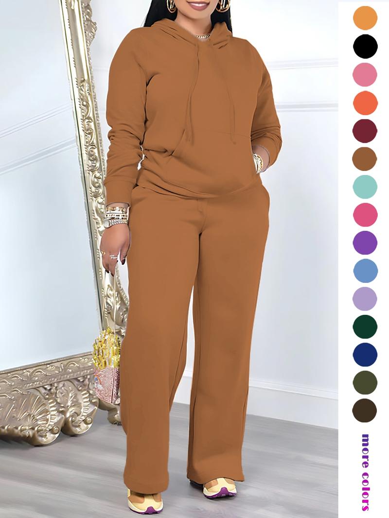 Two-Piece Set Women's Solid Drawstring Hoodie & High Waist Pants Set, Casual Long Sleeve Pocket Hooded Sweatshirt & Straight Leg Trousers for Spring & Fall, Ladies' Clothes for Daily Wear