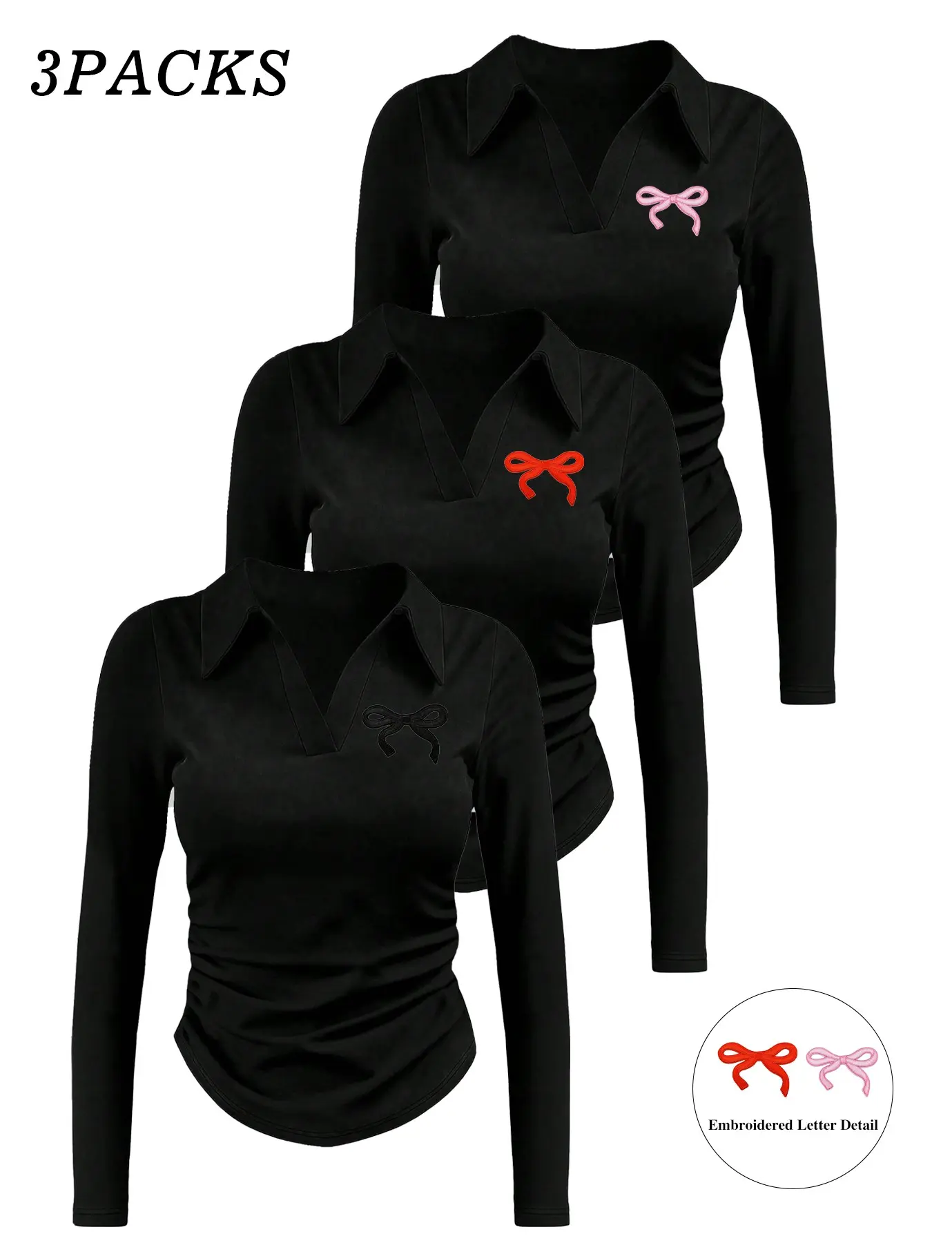 Elegant Slim Fit Polo Long Sleeve Shirt Pack of 3 with Notched Collar and Small V-Neck Design, Featuring Delicate Butterfly Embroidery, Curved Hem for Flattering Fit, Stretchy Comfortable Fabric for Versatile Wear