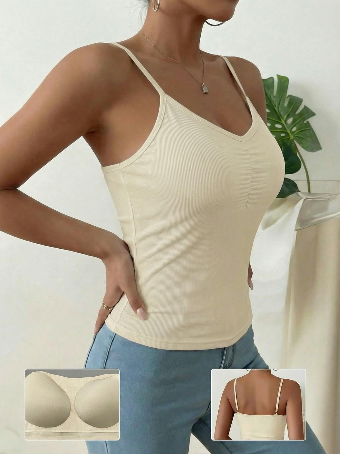 Women's Ribbed Bra Cami Tank Top - V Neck Ruched Front, Padded Adjustable Spaghetti Strap Camisole, Wire-Free All-in-One Undershirt