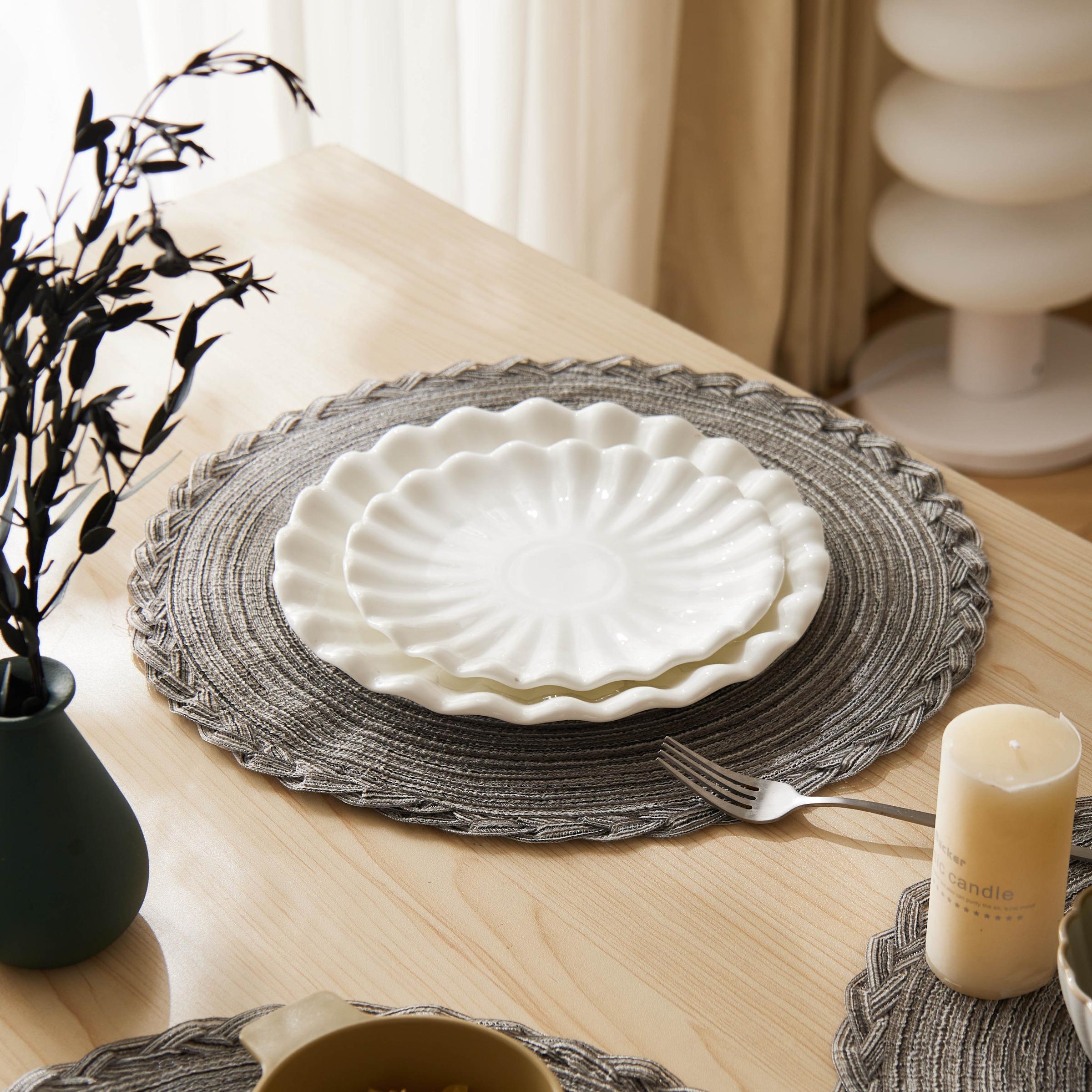 15 inch/38cm Round Placemats Set of 4 Boho Woven Braided Border Table Mats Washable Heat Resistant Circle Place Mats, Natural Style Woven Cotton Placemats for Dining Table  Party Holiday Banquets