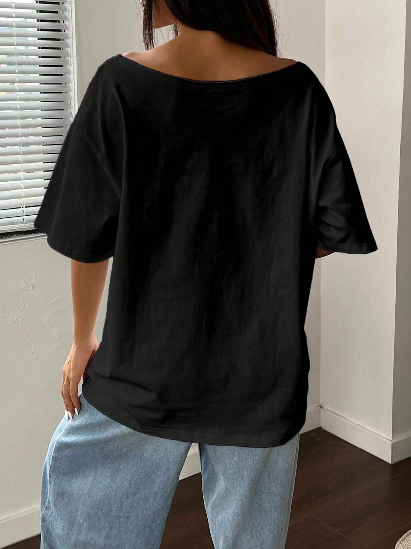 Women's Casual Loose-Fit One-Shoulder & Off-Shoulder T-Shirt, Butterfly Print, Breathable Soft Fabric, Daily Wear, Fashionable Top