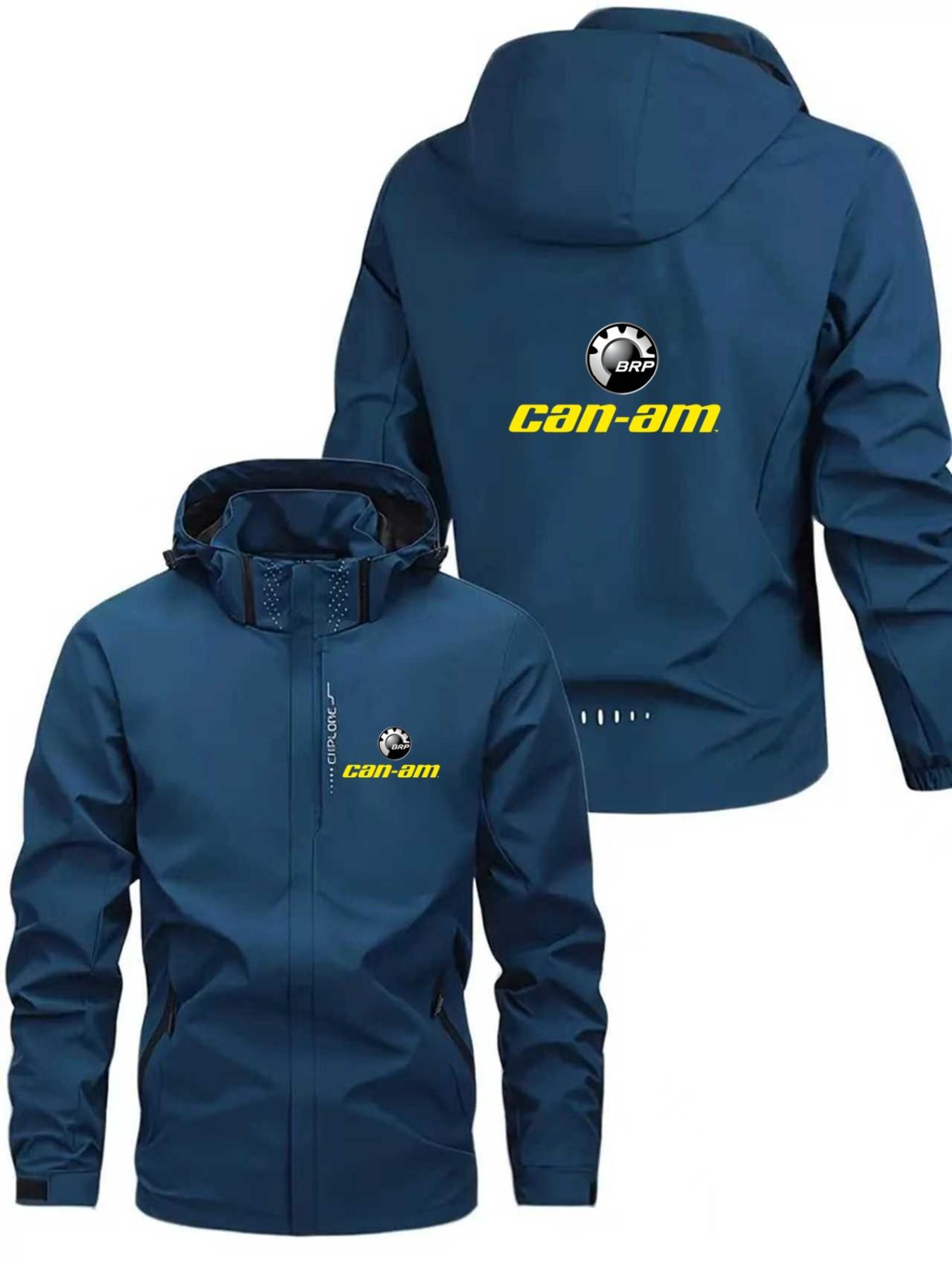 Men's Lightweight Polyester Fashion Fitted Hooded Jacket, Can-Am Letter Print, Full Zip Front, Casual Outdoor Spring & Fall Coat