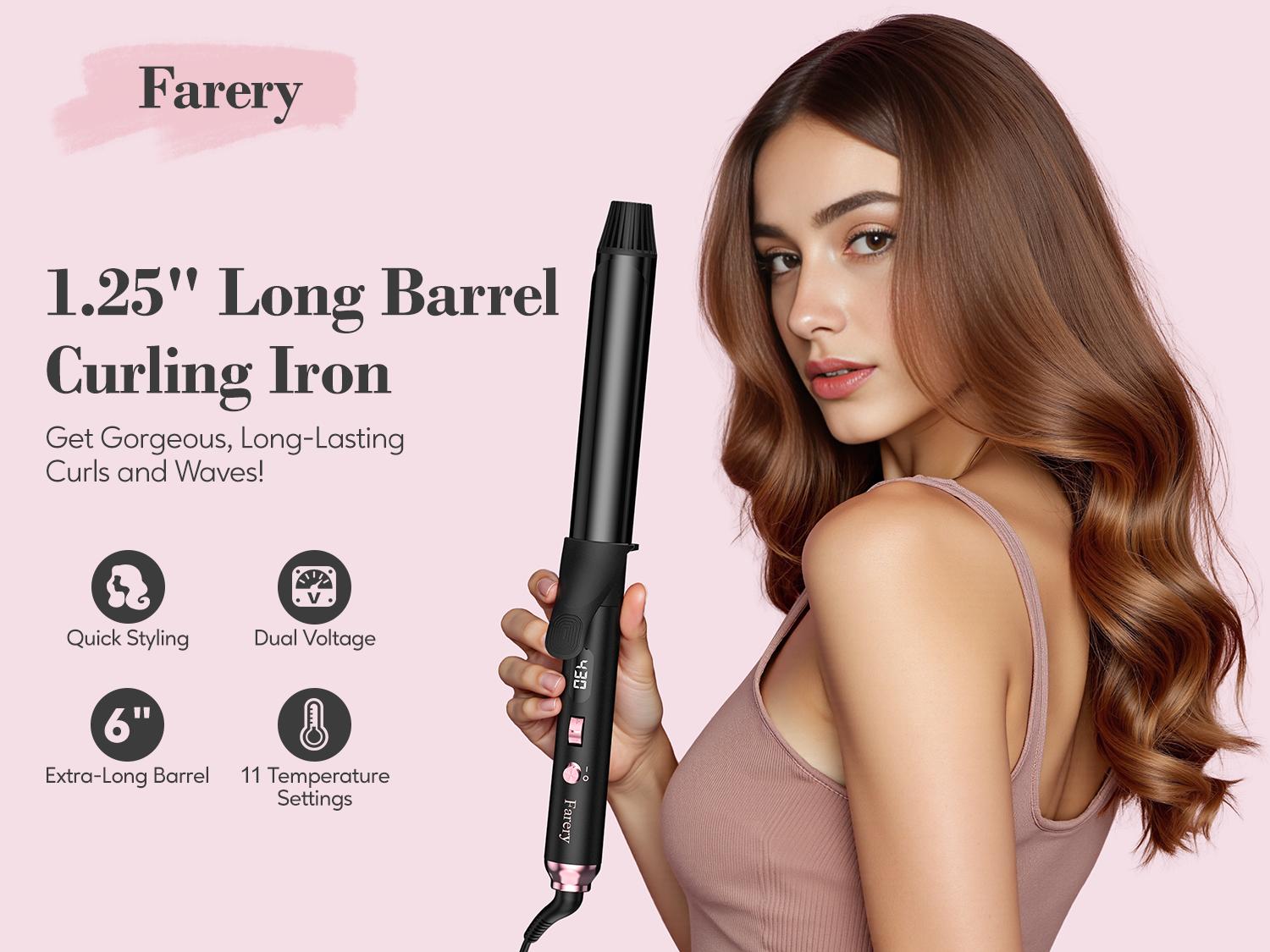 Farery Long Barrel Curling Iron 1.25 inch, 11 Adjustable Temp, Include Clips & Silicone Pad, Comfort