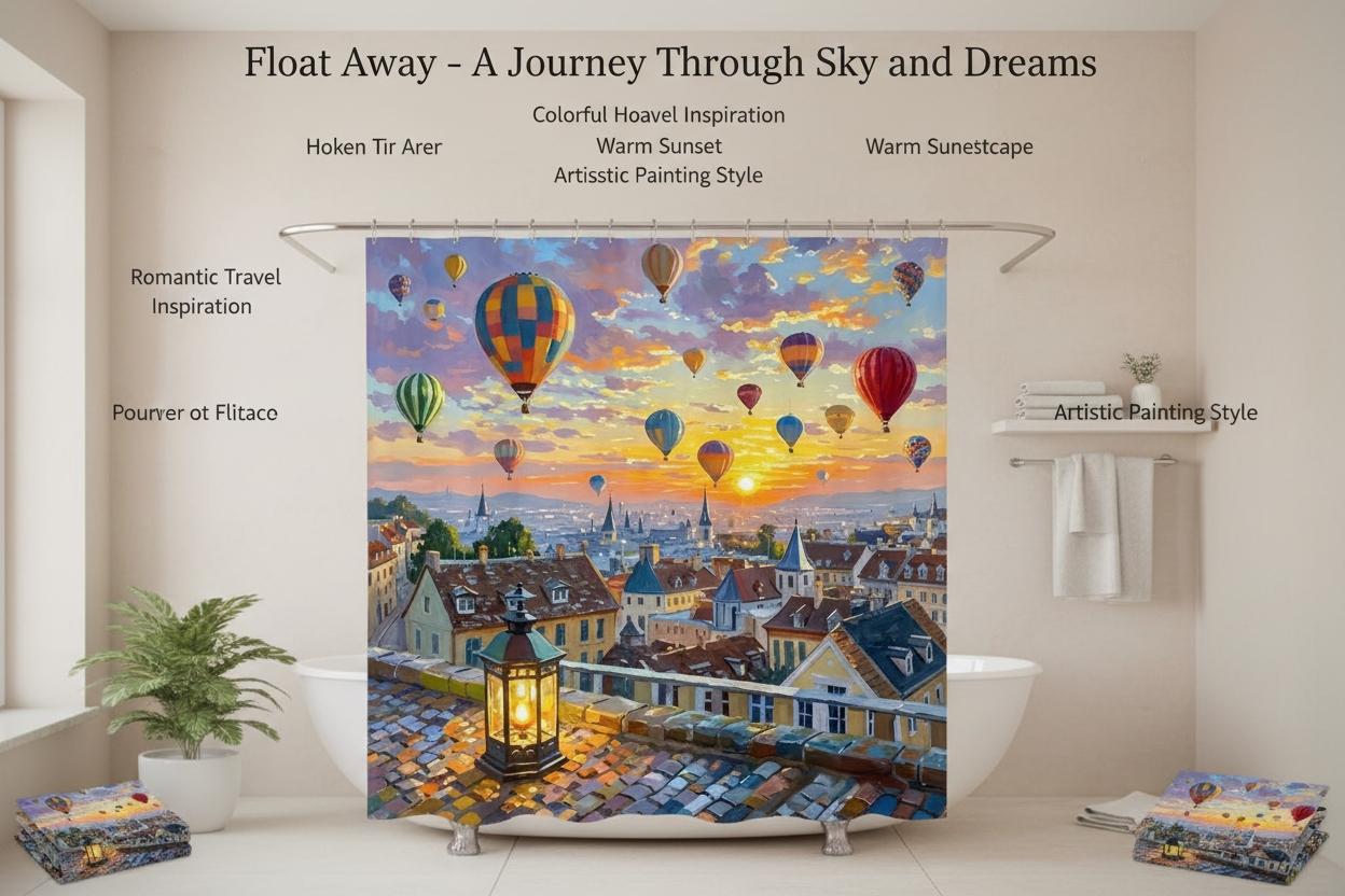 Vintage Hot Air Balloon Bath Curtain, Dreamy European Town Design, Soft Polyester, High-Definition Print, Romantic Bathroom Decor