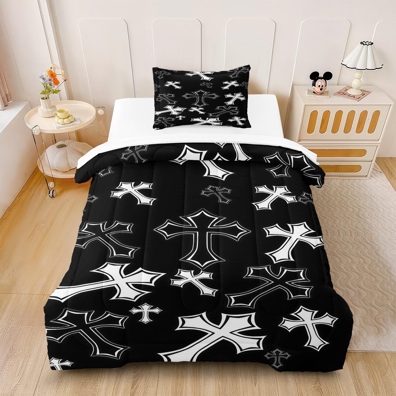 Gothic Cross Pattern Comforter Set, Soft And Durable Bedding Set, Including 1 Comforter And 1 Or 2 Pillowcases, Suitable For Daily Holiday Birthday Gifts And Bedroom Decorations For Children And Adults