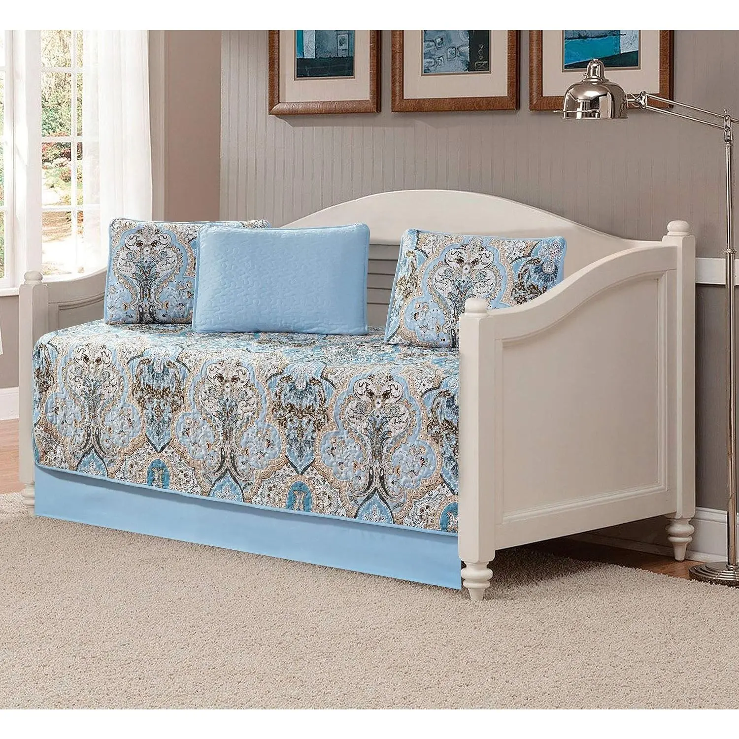 Home 5 Piece Daybed Quilted Bedspread Set Damask Pattern Light Blue White Beige and Brown