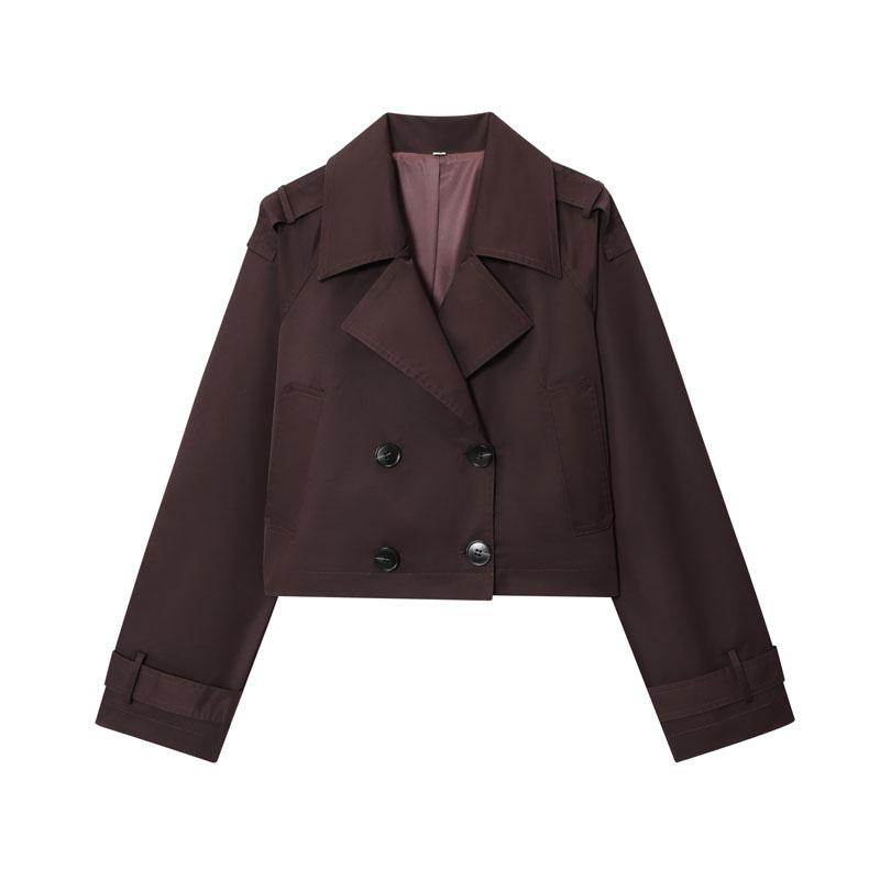 Women's Windbreaker Trendy Cropped Trench Coat Dark Brown Double Breasted Jacket Lapel Collar & Belted Cuffs Vintage Fall Winter Outerwear Women's Casual Streetwear