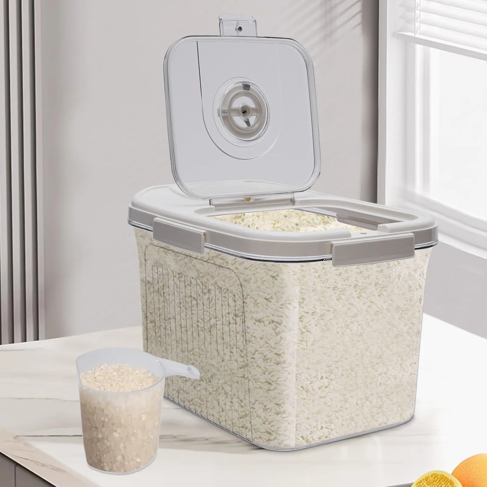 Modern 10kg (22.05 lbs Max) Rice Storage Container with Measuring Cup, for Home Kitchen Pantry Grain Storage Use