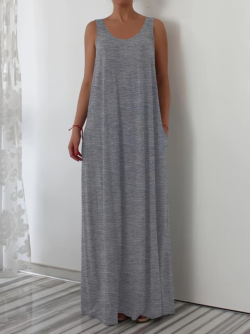 Elegant Plus Size Women's Sleeveless Round Neck Plain Vest Dress, Casual Home Wear, Comfortable Fit, Multiple Colors Available