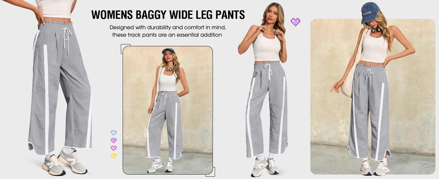 FISOEW Women's Baggy Wide Leg Pants Casual Drawstring Elastic Waisted Contrast Color Workout Y2K Track Pants Crop Top Comfort FallFreshness Lightweight Outdoor outfit cuffed wide leg sweatpants joggers #TikTokShopJumpstartSale Fitted Parachute sweatpants