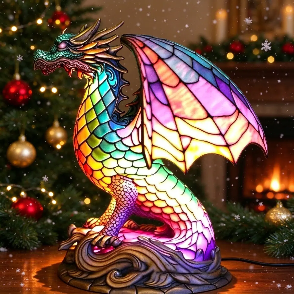 Christmas Painted Glass Dragon Table Lamp, Resin Animal Night Light, Soft Glow Decorative Lamp for Bedside, Fireplace, Coffee Table, Window Shelf, Desk