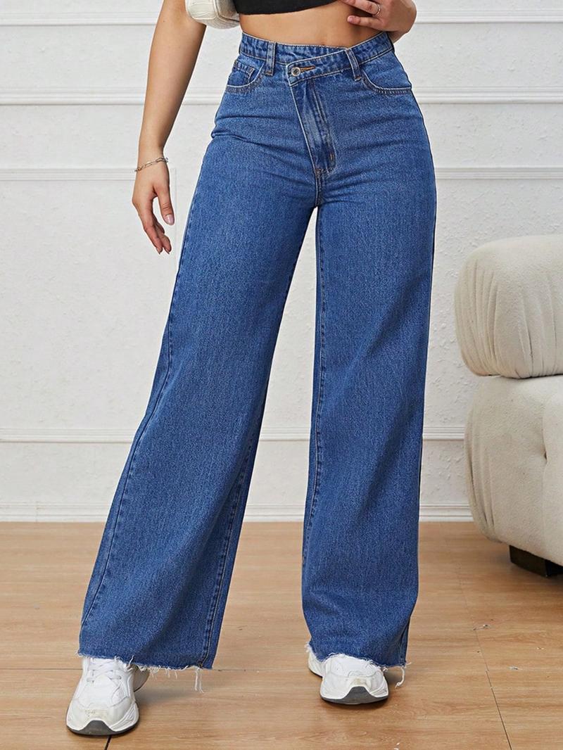 Women's Vintage Denim Jeans, Diagonal Button Design, Ultra-Long Straight Wide Leg, Casual Style, All Seasons Daily Wear