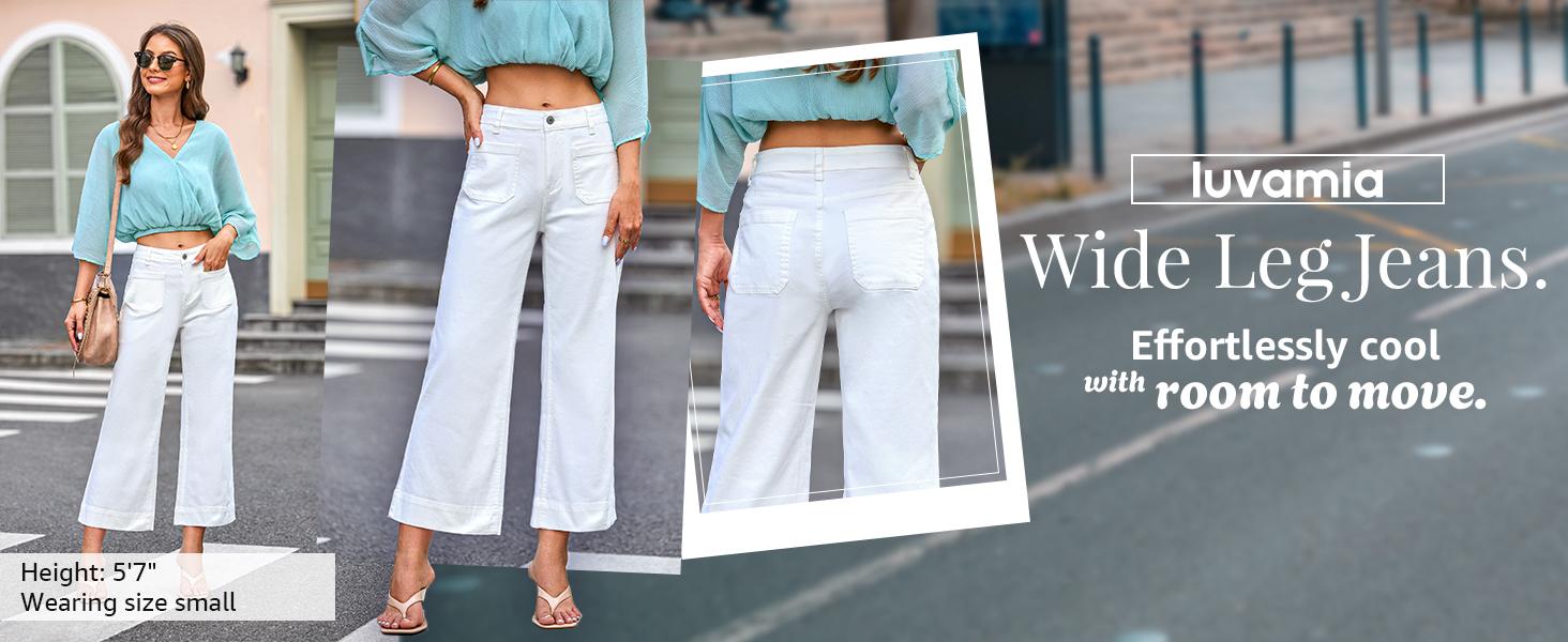 luvamia Wide Leg Jeans for Women Trendy High Waisted Flare Jeans Cropped Denim Pants Stretchy Baggy with Patch Pockets Bottom Womenswear Wideleg Basic bootcut jeans baggy jeans jeans for women Trouser