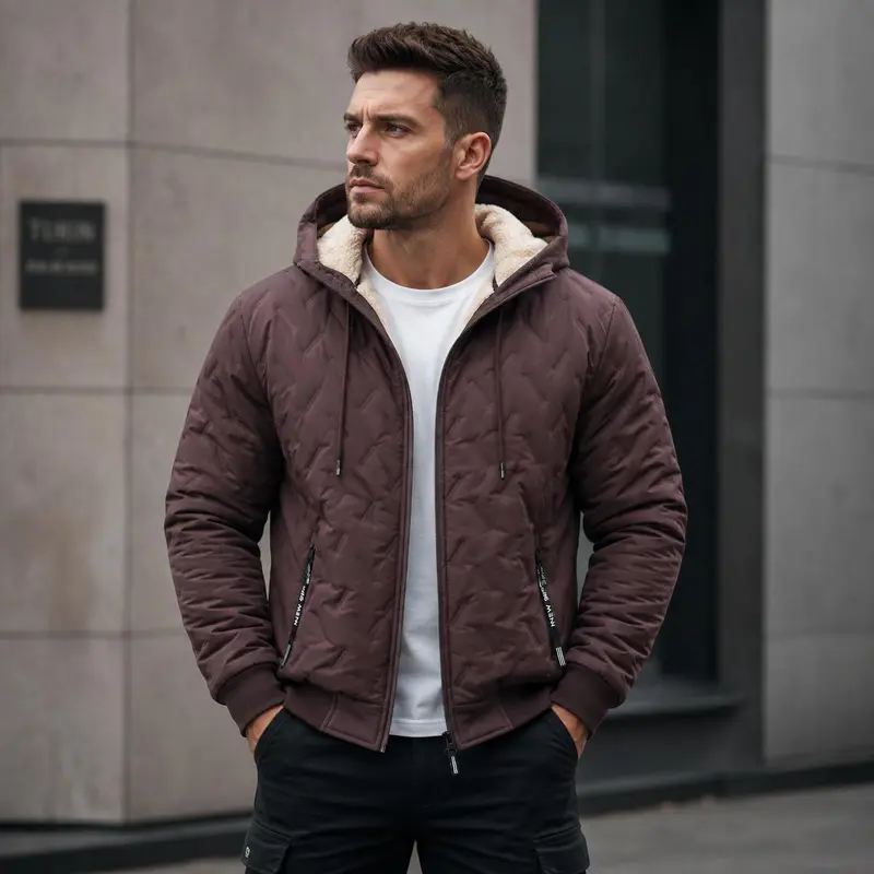 2026 Men's New Fashion Hooded and Velvet Jacket with Long Sleeve, Fleece Inner Lining, Waterproof and Windproof, Unique Texture, Zipper, Essential Solid Color Coat for Autumn and Winter, Daily Leisure, Outdoor Casual Menswear
