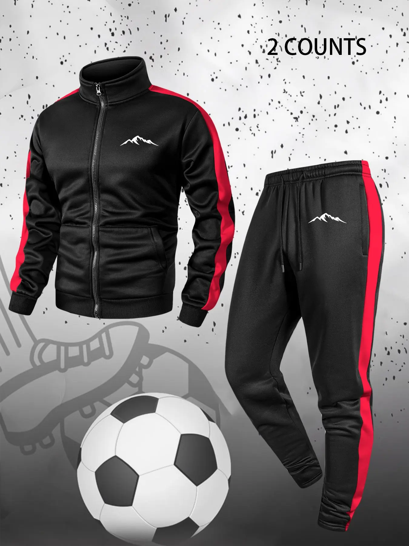 Men's Autumn Winter Mountain Print Sport Set, Side Striped Colorblock Stand Collar Zipper Jacket + Jogger Pants, Outdoor Running Fitness Sportswear Set