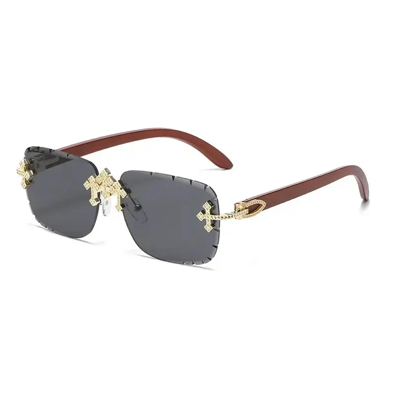 Triple Cross Iced Out Sunglasses – Grey Frame, Black Temples, Bold Men’s Streetwear Shades Tinted Lenses Polarized