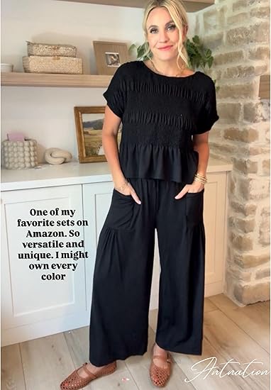 Women's Summer 2-Piece Set Outfit Top + Wide Leg Pants, Soft Breathable Fabric, High Waist Casual, Loose Fit with Pockets