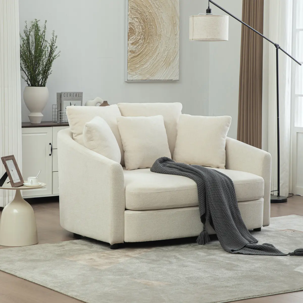 Beige 56.3'' Wide Upholstered Round Accent Cuddle Chaise with Pillows - Cozy Oversized Slipcovered Bael Lounger, Deep Seat Reading Armchair, Seated Living Room Furniture for Living Room, Bedroom