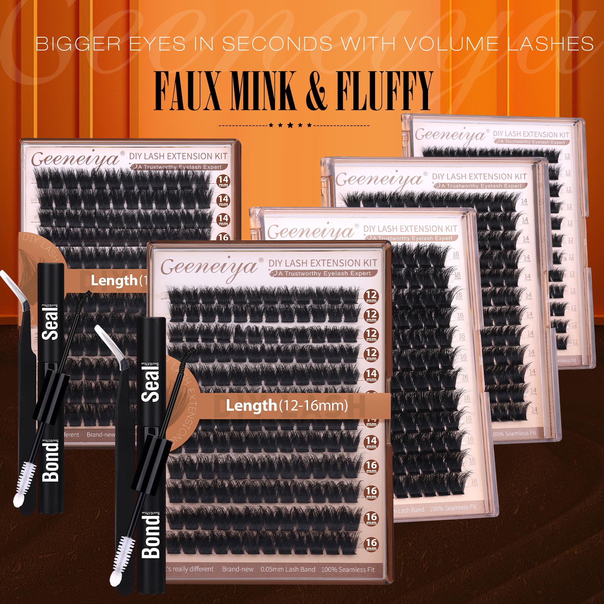 【FAUX MINK】Geeneiya 200D Lash Extension Kit Fluffy Eyelash Extension Kit Thick Volume Lash Clusters Kit Wispy DIY Individual Eyelashes Kit with Lash Bond and Seal, Lash Applicator (D Curvature, Thick Faux Mink)