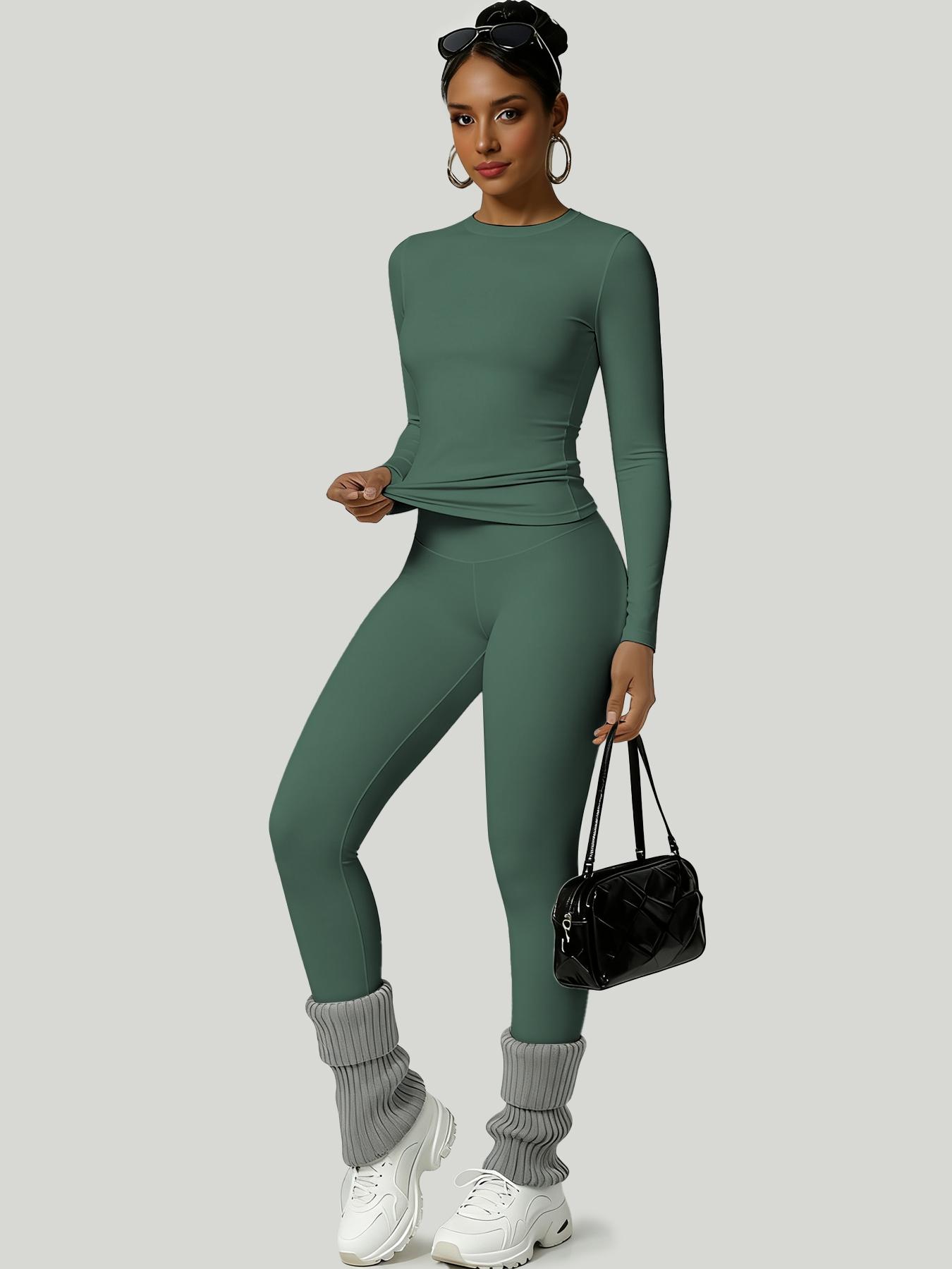 Women's Simple Solid Color Sportswear Set, Comfortable T-Shirt & Slimming Leggings, Perfect for Fall Winter Yoga & Daily Wear, Athleisure Wear Set, Yoga Gym Outfits