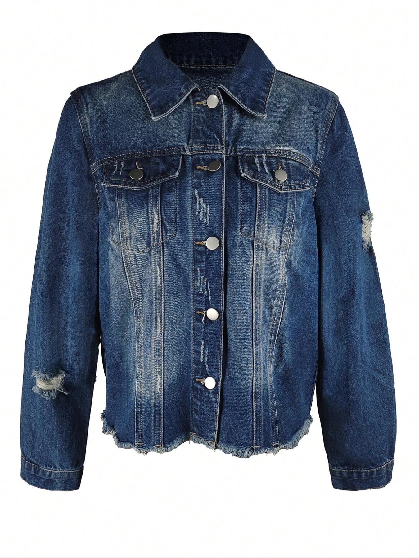 Women's Fall Winter Washed Denim Jacket Coat, Vintage Ripped Long Sleeve Jacket, Casual Autumn Winter Outerwear