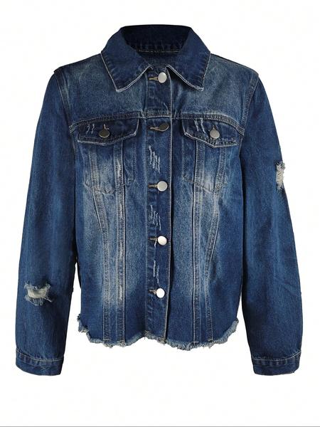 Women's Fall Winter Washed Denim Jacket Coat, Vintage Ripped Long Sleeve Jacket, Casual Autumn Winter Outerwear