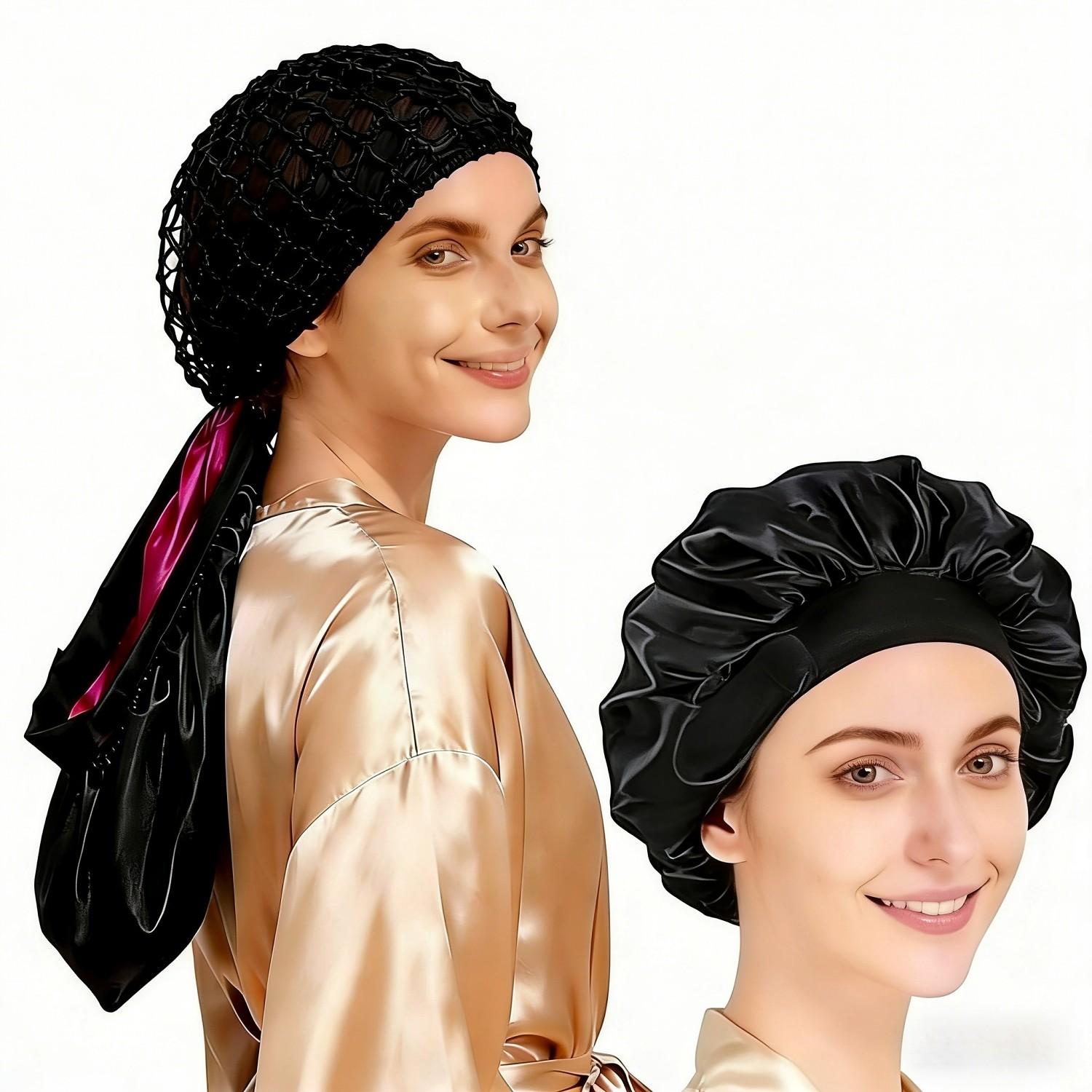 2-In-1 Satin Bonnet with Hairnet, Adjustable Wrap Cap for Curly/long Hair, Reversible Shower Cap, Reduces Frizz & Split Ends, Travel Friendly