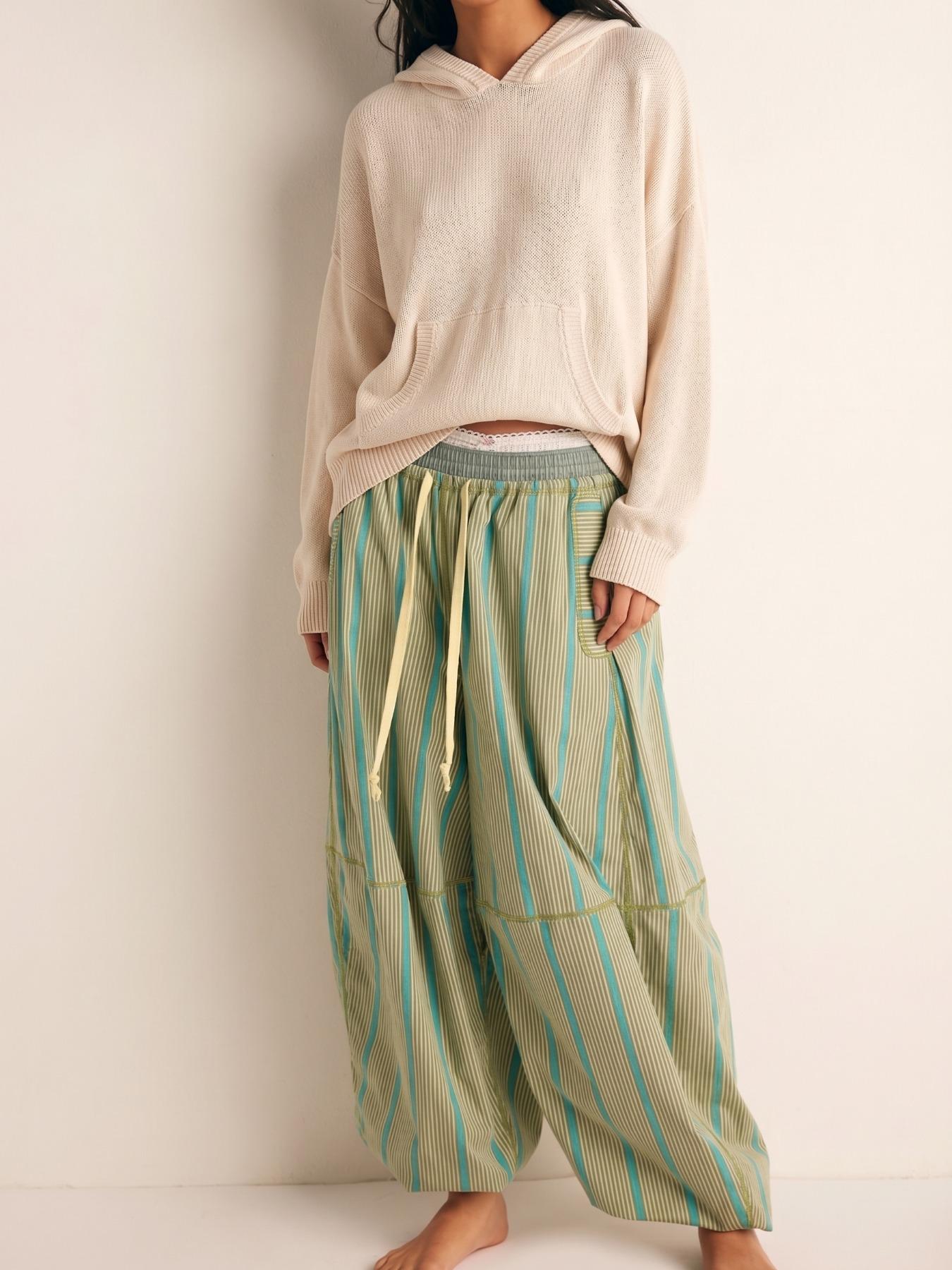 Striped Wide Leg Pants, pumpkin pants,Millennial Style Loose Fit Drawstring Waist, Vintage Beach Vacation Streetwear for Women, All Seasons