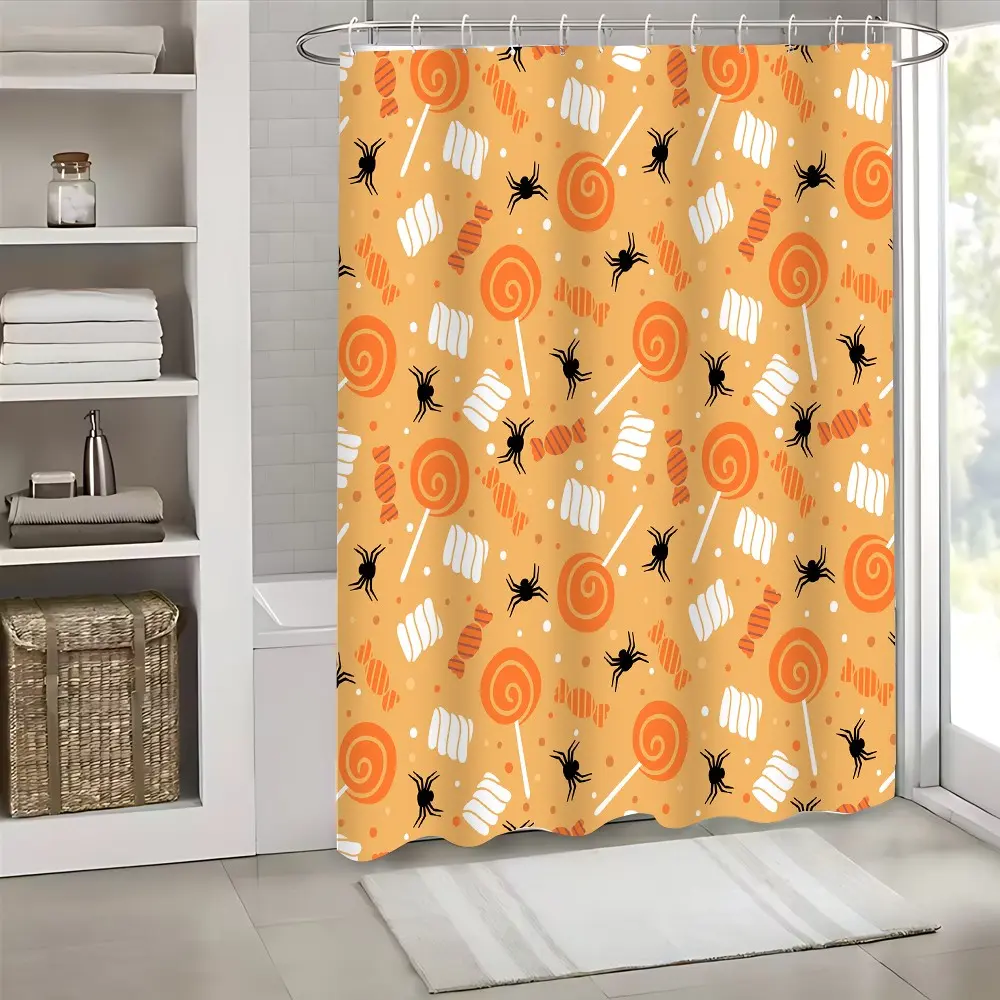 Halloween Candy Spider Shower Curtain Orange Cartoon Pattern Style Water Resistant HD Digital Print Durable Fabric Machine Washable Easy Installation Multiple Size Options With 12 Plastic Hooks For Family Bathroom Apartment Dormitory Decor
