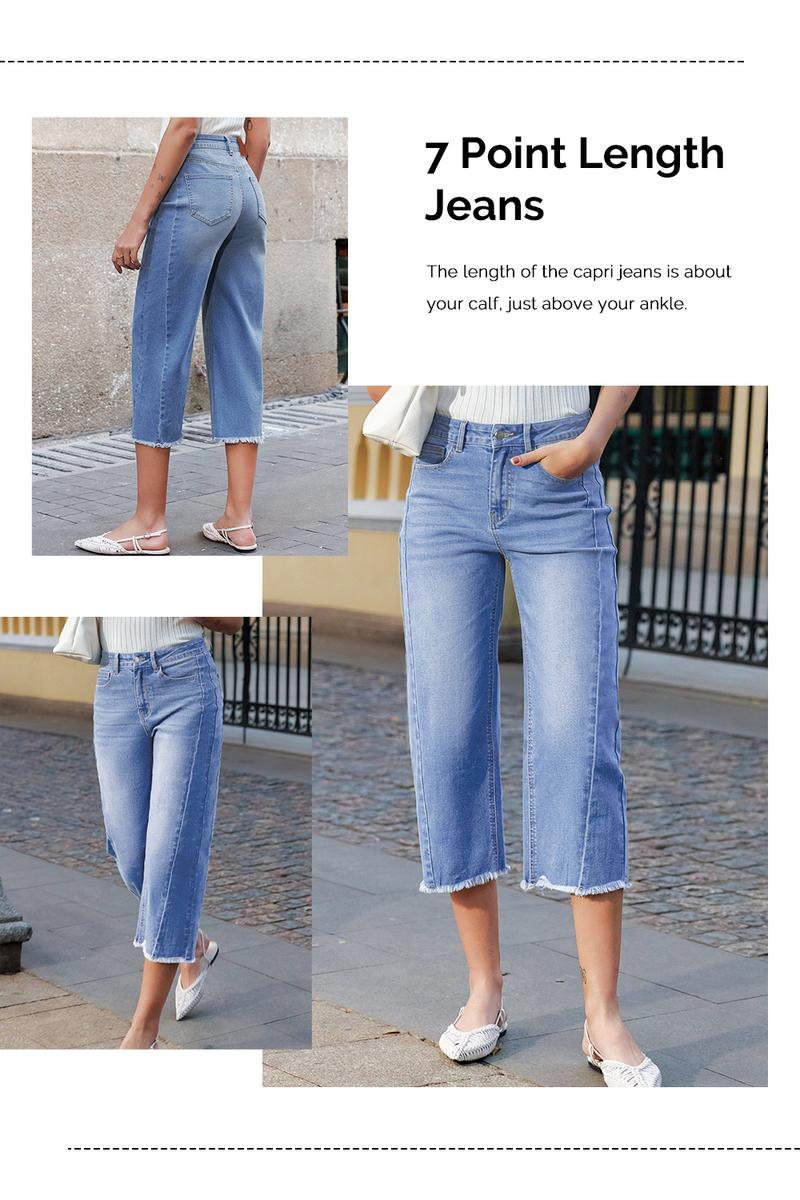 Sidefeel Women's Capri Jeans High Waisted Wide Leg Stretchy Raw Hem Side Seam Zimbaplatinum Denim Pants