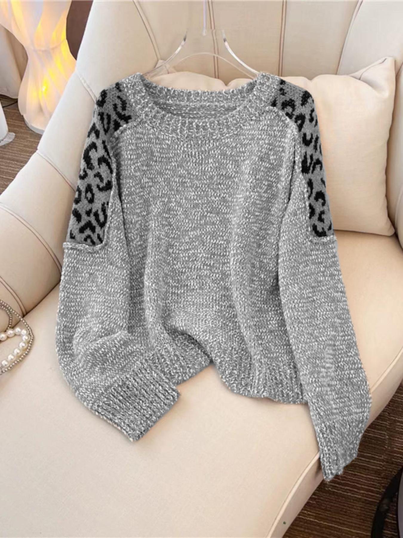Women's Leopard Print Knitted Sweater, Casual Loose Long Sleeve Round Neck Jumper for Fall & Winter, Fashion Ladies' Knitwear for Daily Wear