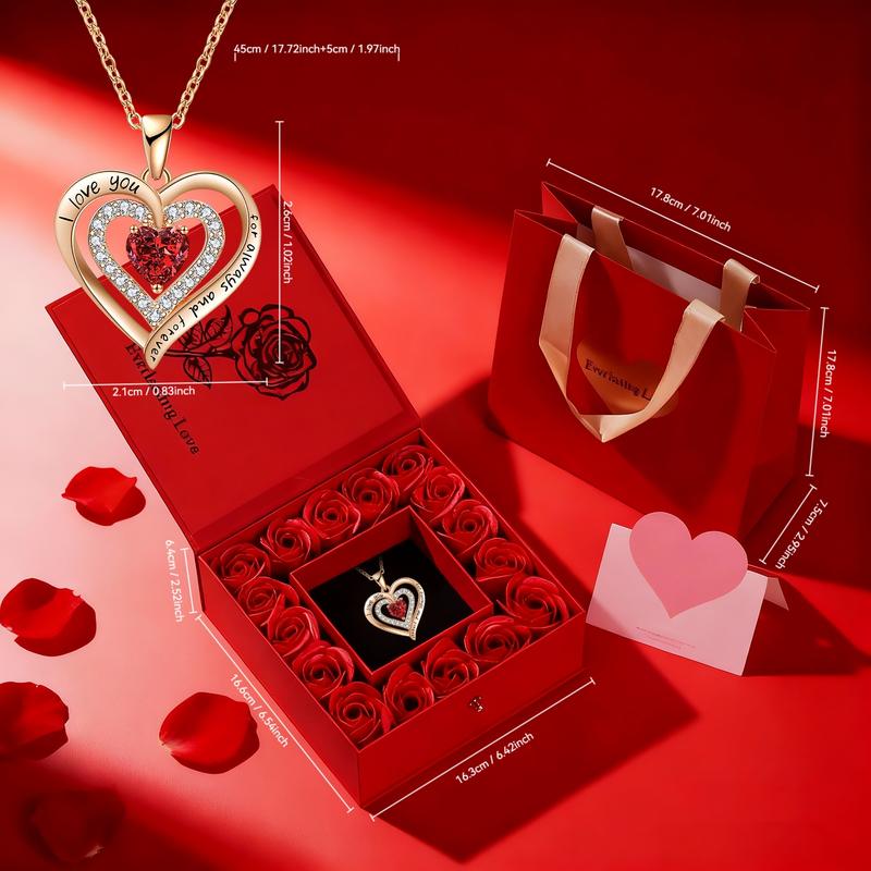 Rose Party Gift Box with Love Heart Necklace, 1 Set Romantic Rose Gift Box with “I Love You” Jewelry Necklace, Gift for Mom, Wife or Girlfriend, Birthday Gift