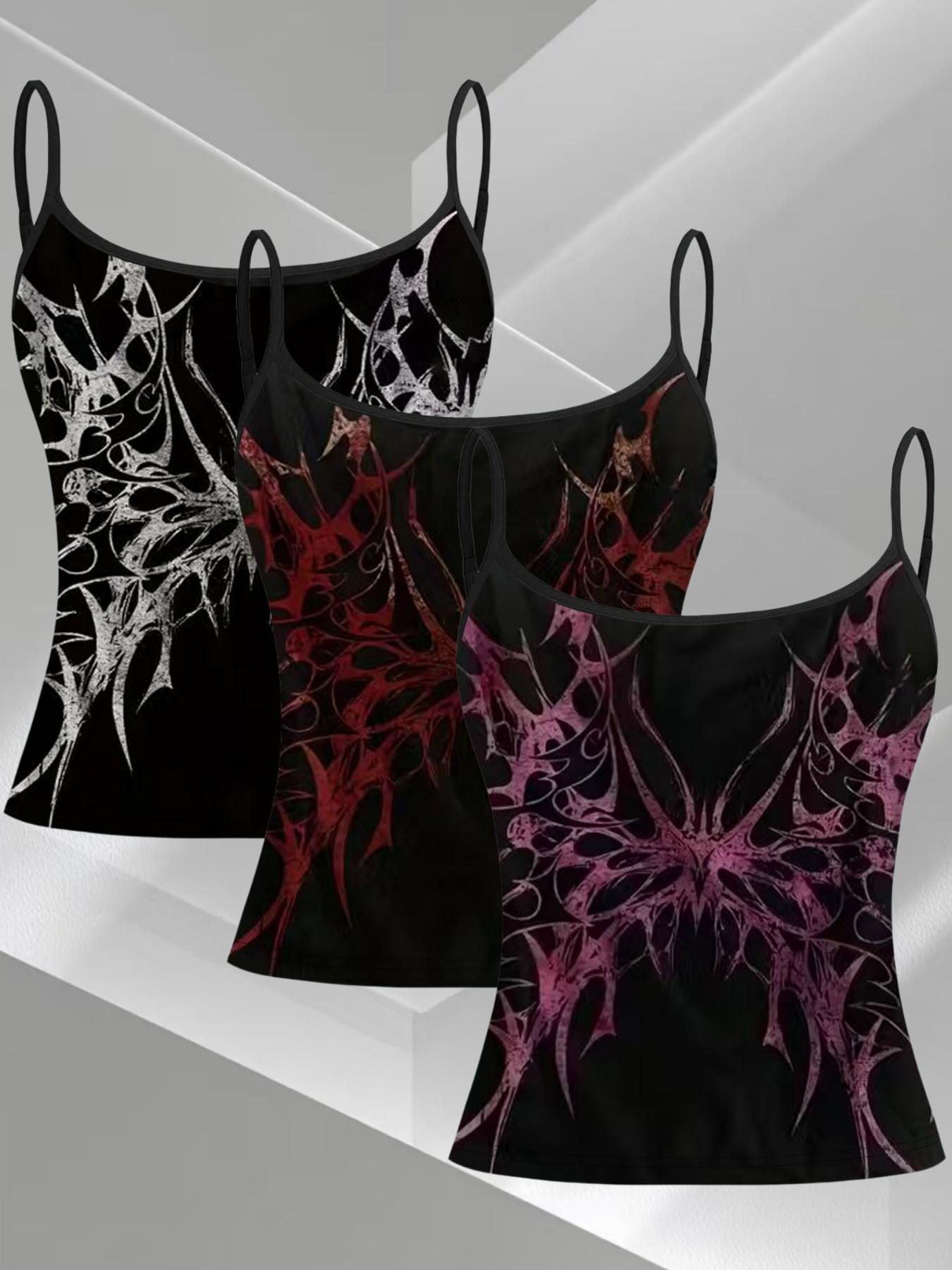 Dark Thorn Totem Print Strap Top, Subculture Y2K Cyber Atmosphere, Summer Slim-Fit Three-Piece Set, Casual Sleeveless Clothing