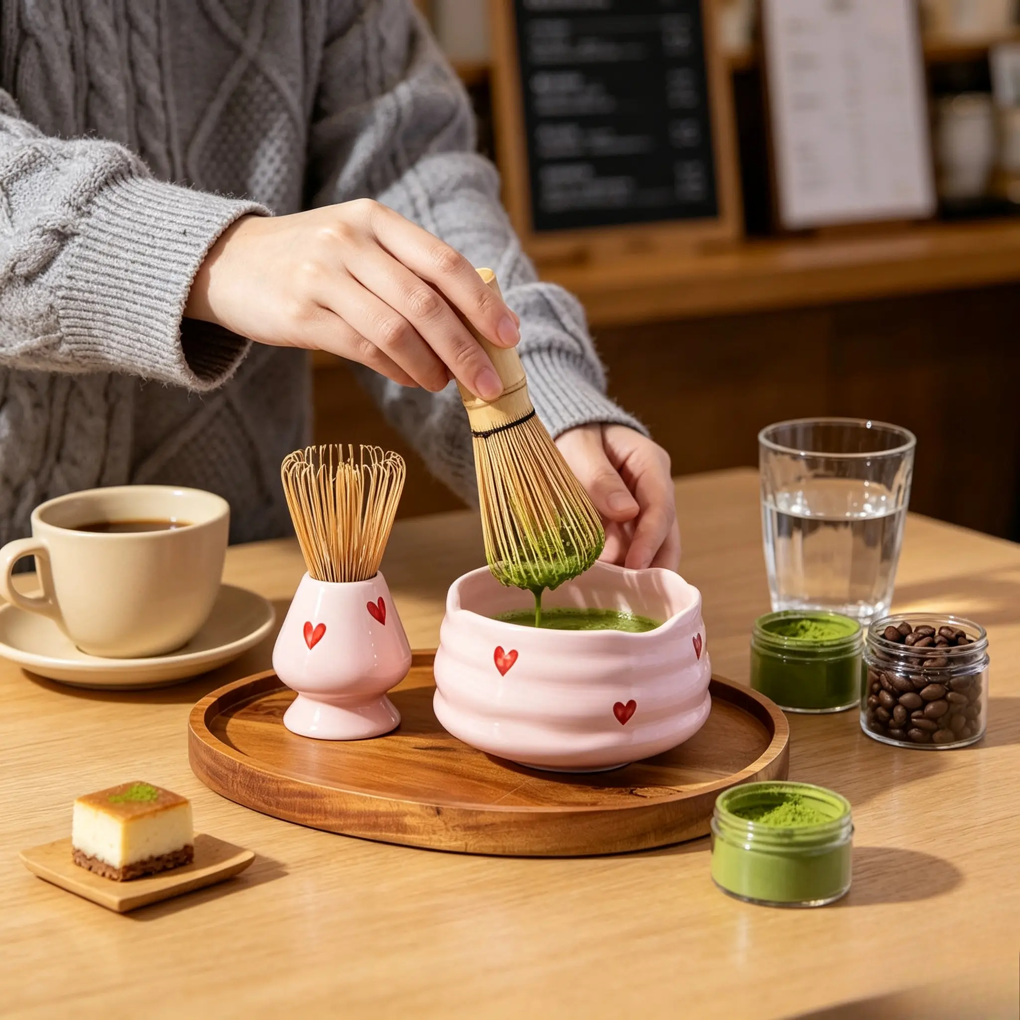 Heart Pattern Ceramic Matcha Tea Set, Complete Matcha Bowl & Bamboo Whisk Holder Kit for Home Daily Tea Making