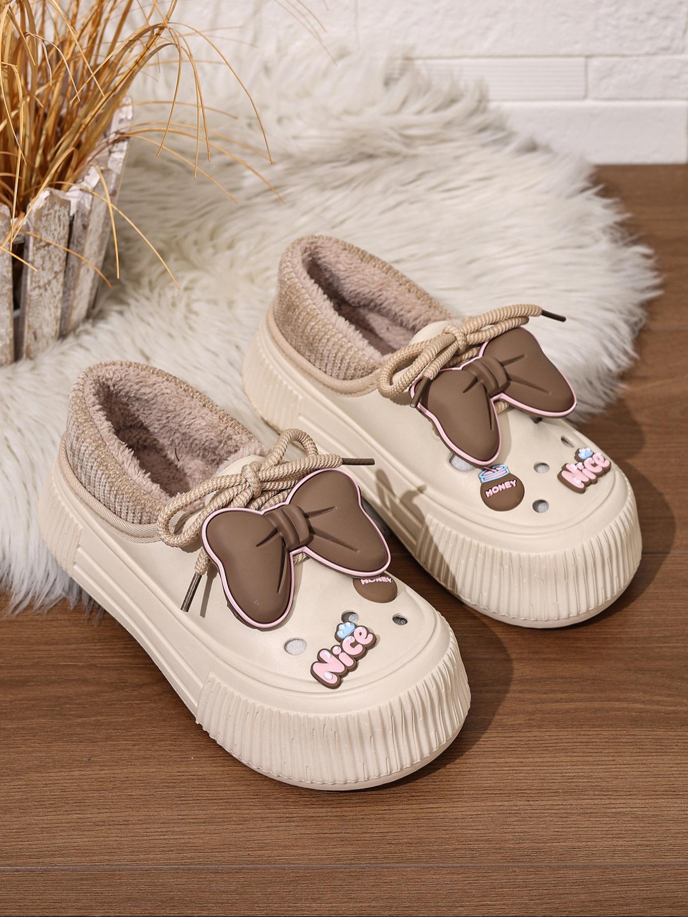 Women's Plus Size Winter Plush Fuzzy Warm Slippers, Indoor Cozy Silent Home Slippers with Cute Bowknot, Casual Shoes