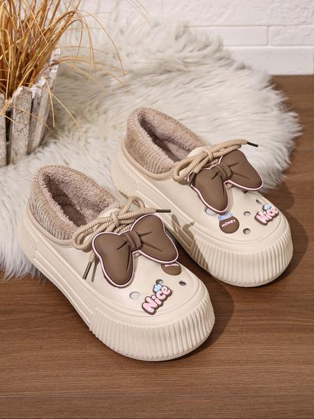 Women's Plus Size Winter Plush Fuzzy Warm Slippers, Indoor Cozy Silent Home Slippers with Cute Bowknot, Casual Shoes
