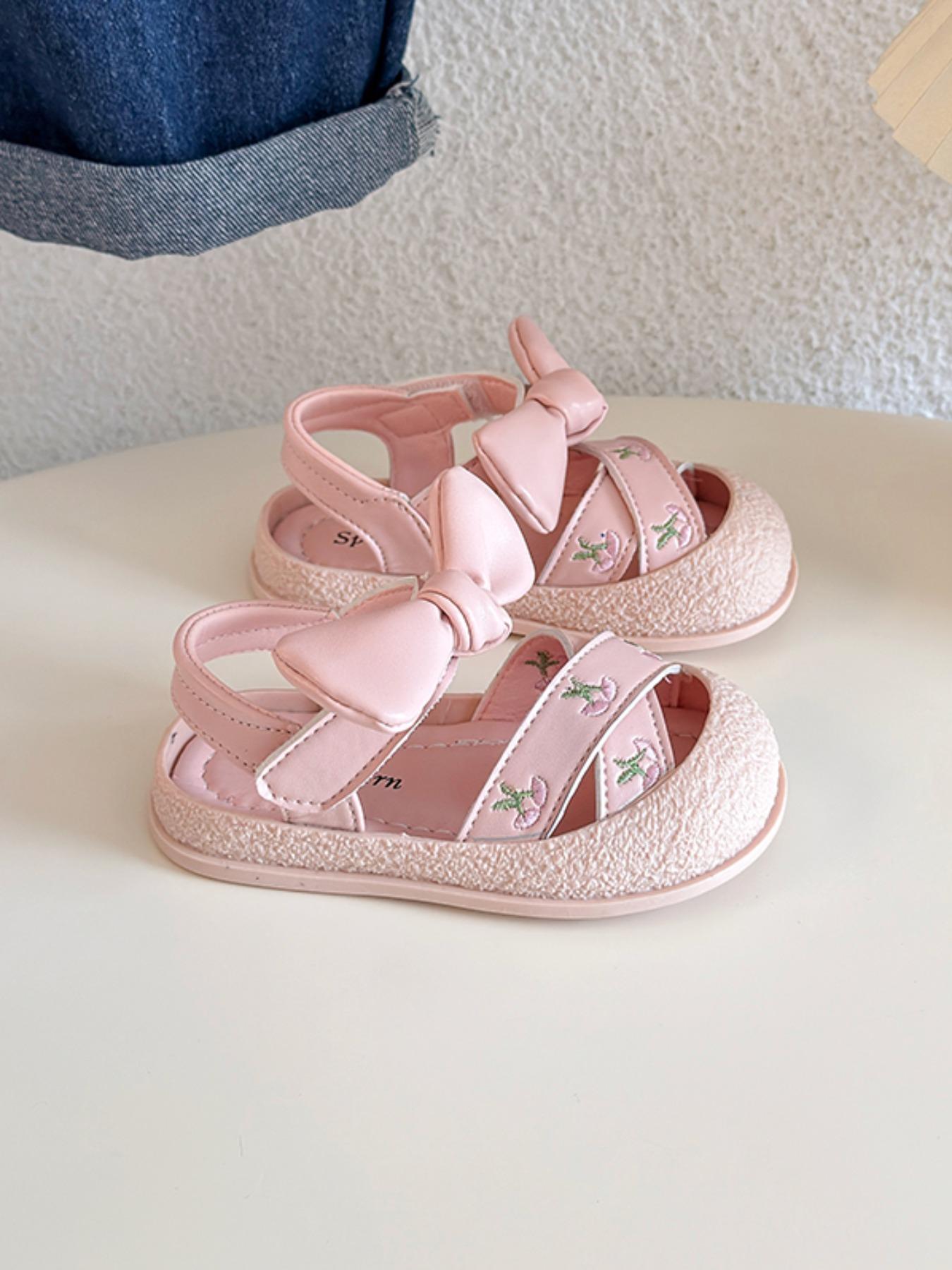 Cherry Embroidery Bow Infant Sandals, Sweet Princess Style, Easy-On Velcro, Soft Toe Protection, Non-Slip Rubber Sole, Summer