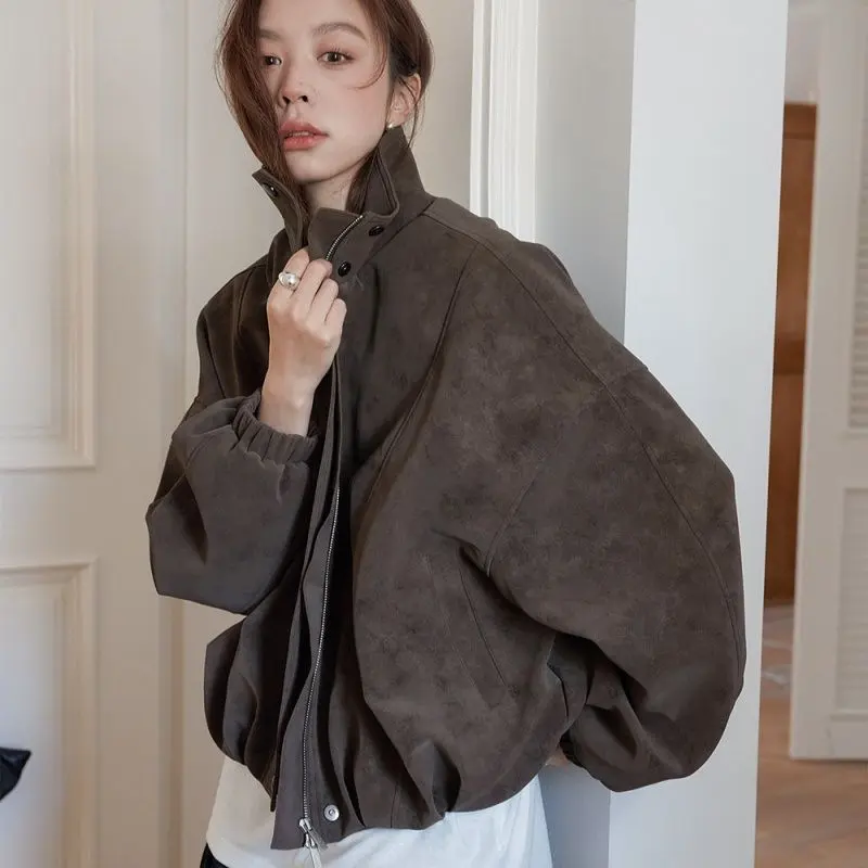 Women’s Retro Street Faux Leather-Polyester Oversized Stand Collar Balloon Sleeve Moto Jacket with Snap Buttons, Zipper Pockets for Fall, Winter, Balloon Sleeves