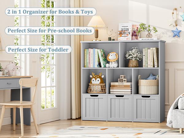 FOTOSOK Toy Storage Organizer with 3 Movable Drawers, Toy Organizer with Hidden Wheels and 5 Open Cubbies, Multifunctional Floor Storage Chest for Playroom